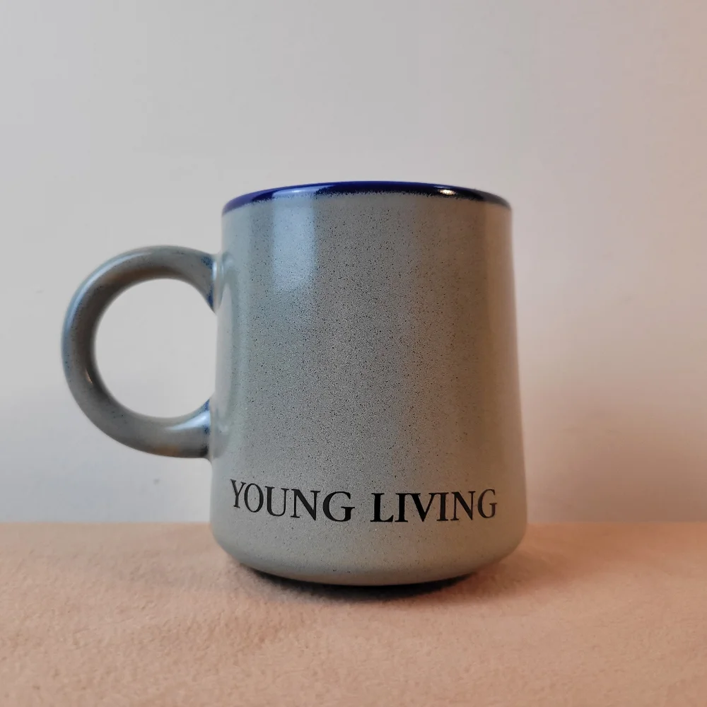 Young Living Mug Stoneware Coffee Cup Gray Blue. Speckled Ceramic. Round Handle.